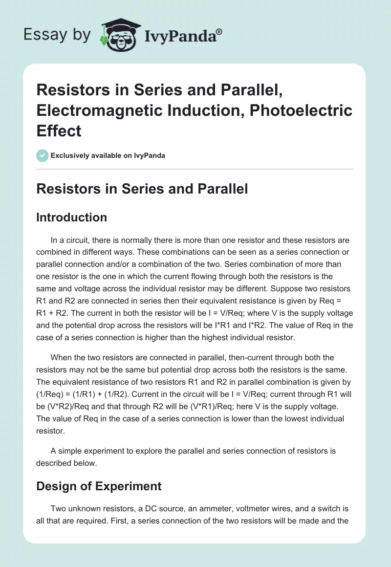 Resistors in Series and Parallel, Electromagnetic Induction, Photoelectric Effect. Page 1