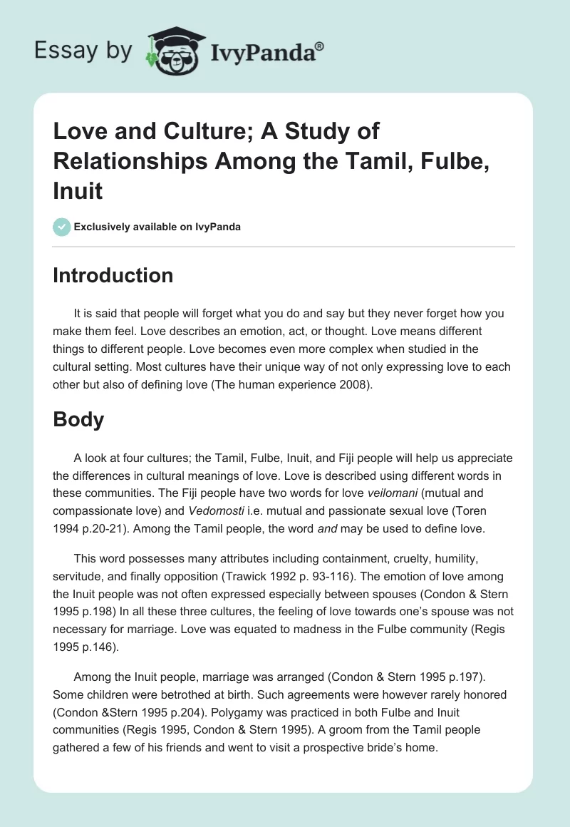 Love and Culture; A Study of Relationships Among the Tamil, Fulbe, Inuit. Page 1