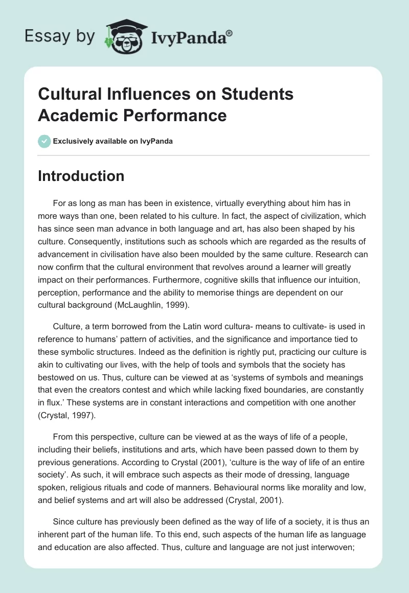 Cultural Influences on Students Academic Performance. Page 1