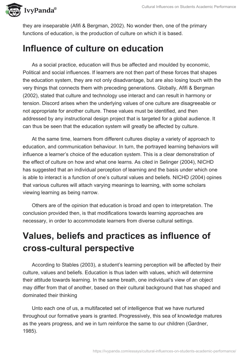 Cultural Influences on Students Academic Performance. Page 2