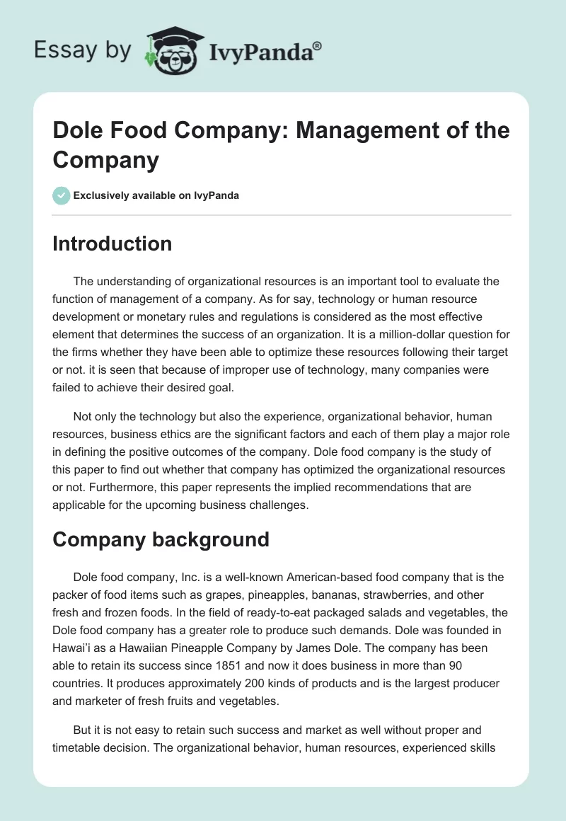 Dole Food Company: Management of the Company. Page 1