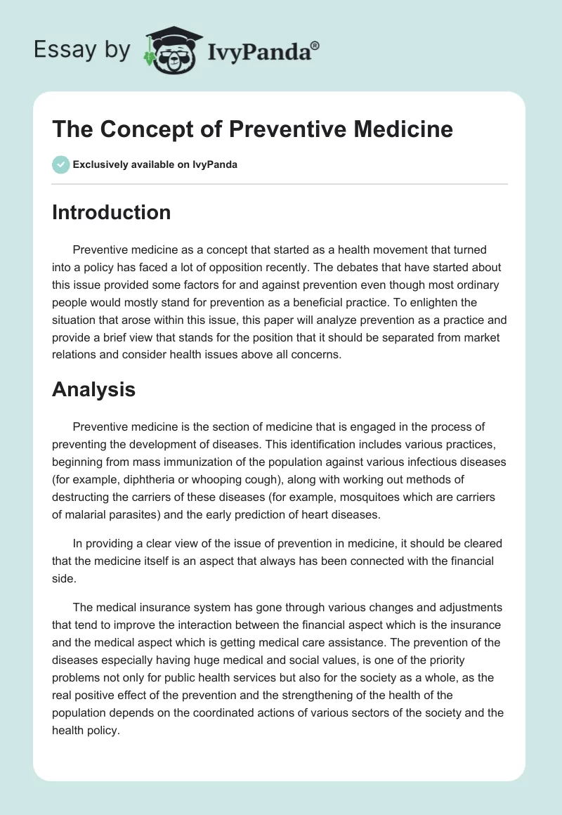 The Concept of Preventive Medicine. Page 1