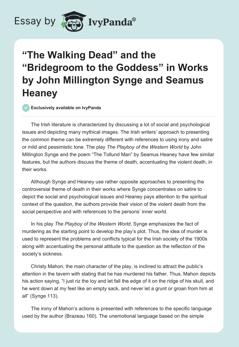 “The Walking Dead” and the “Bridegroom to the Goddess” in Works by John Millington Synge and Seamus Heaney. Page 1