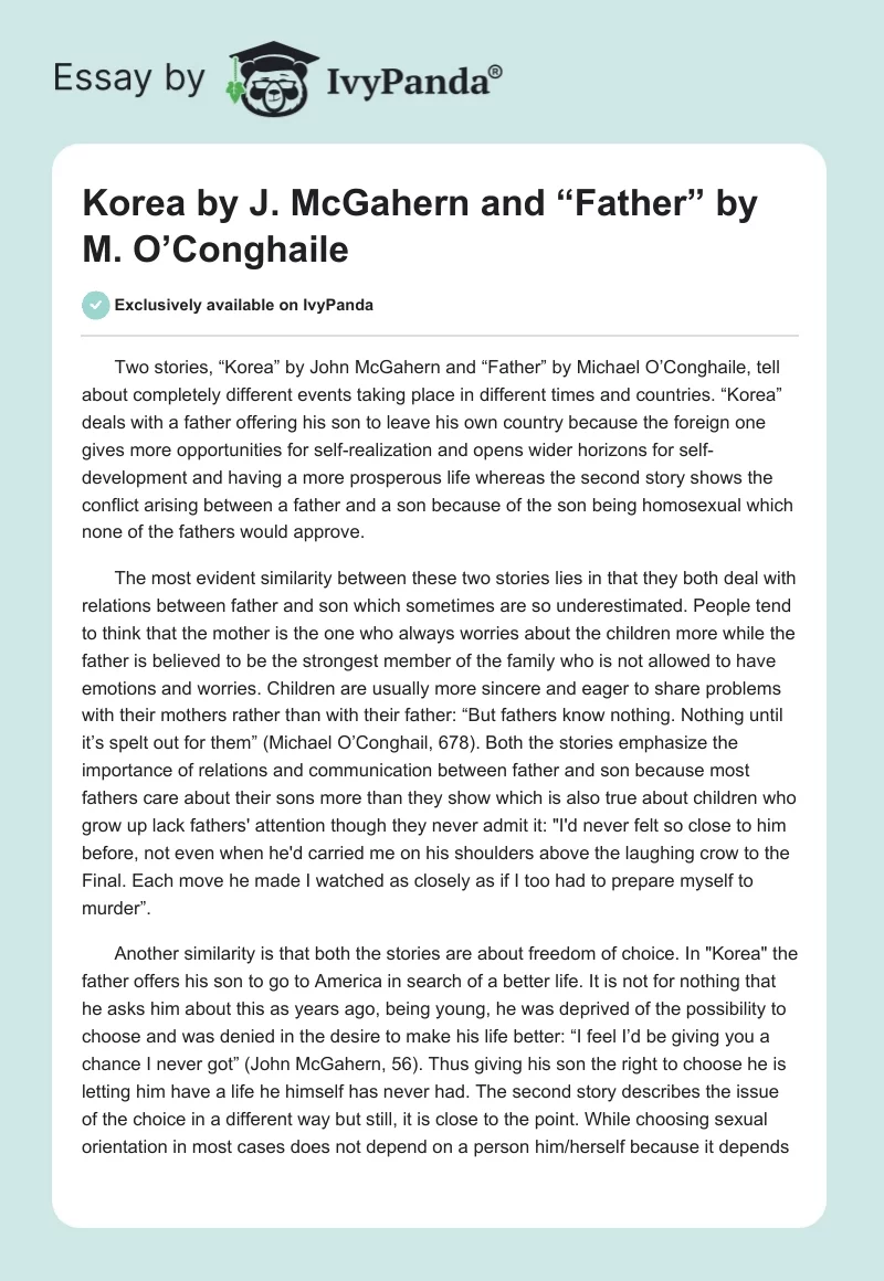 "Korea" by J. McGahern and “Father” by M. O’Conghaile. Page 1