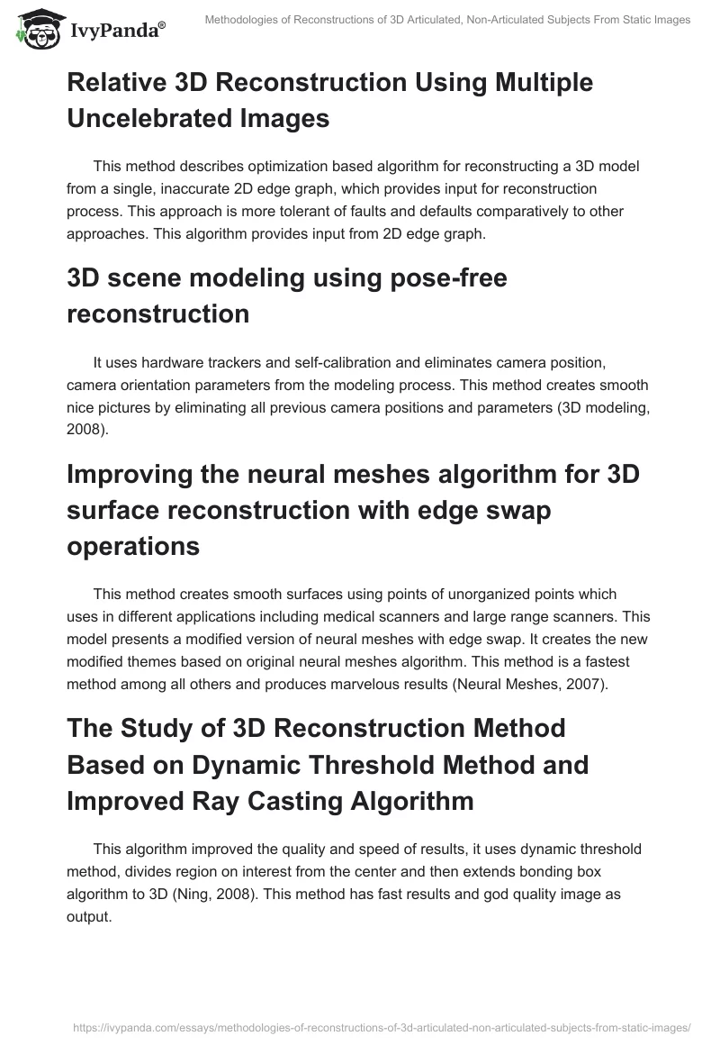 Methodologies of Reconstructions of 3D Articulated, Non-Articulated Subjects From Static Images. Page 3