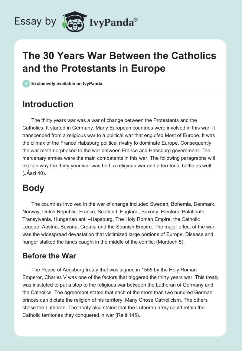 The 30 Years War Between the Catholics and the Protestants in Europe. Page 1