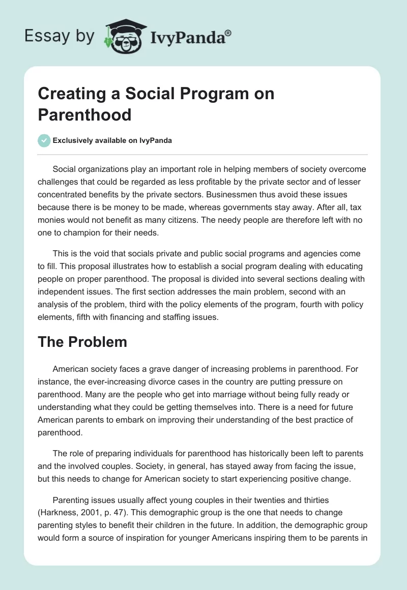 Creating a Social Program on Parenthood. Page 1
