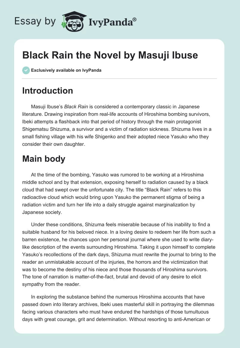 "Black Rain" the Novel by Masuji Ibuse. Page 1