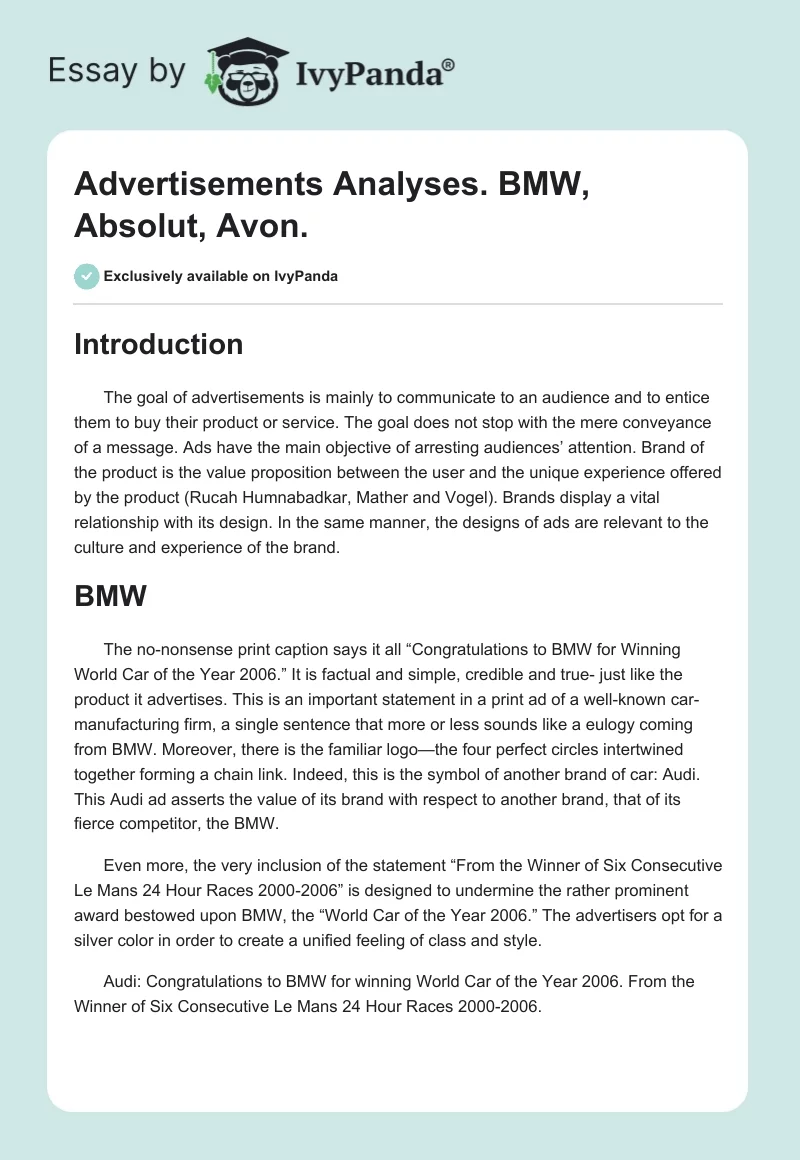 Advertisements Analyses. BMW, Absolut, Avon.. Page 1