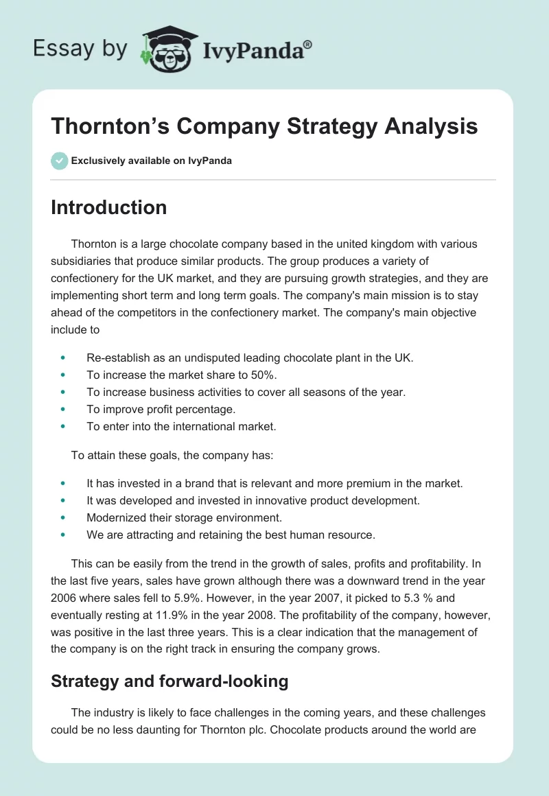 Thornton’s Company Strategy Analysis. Page 1