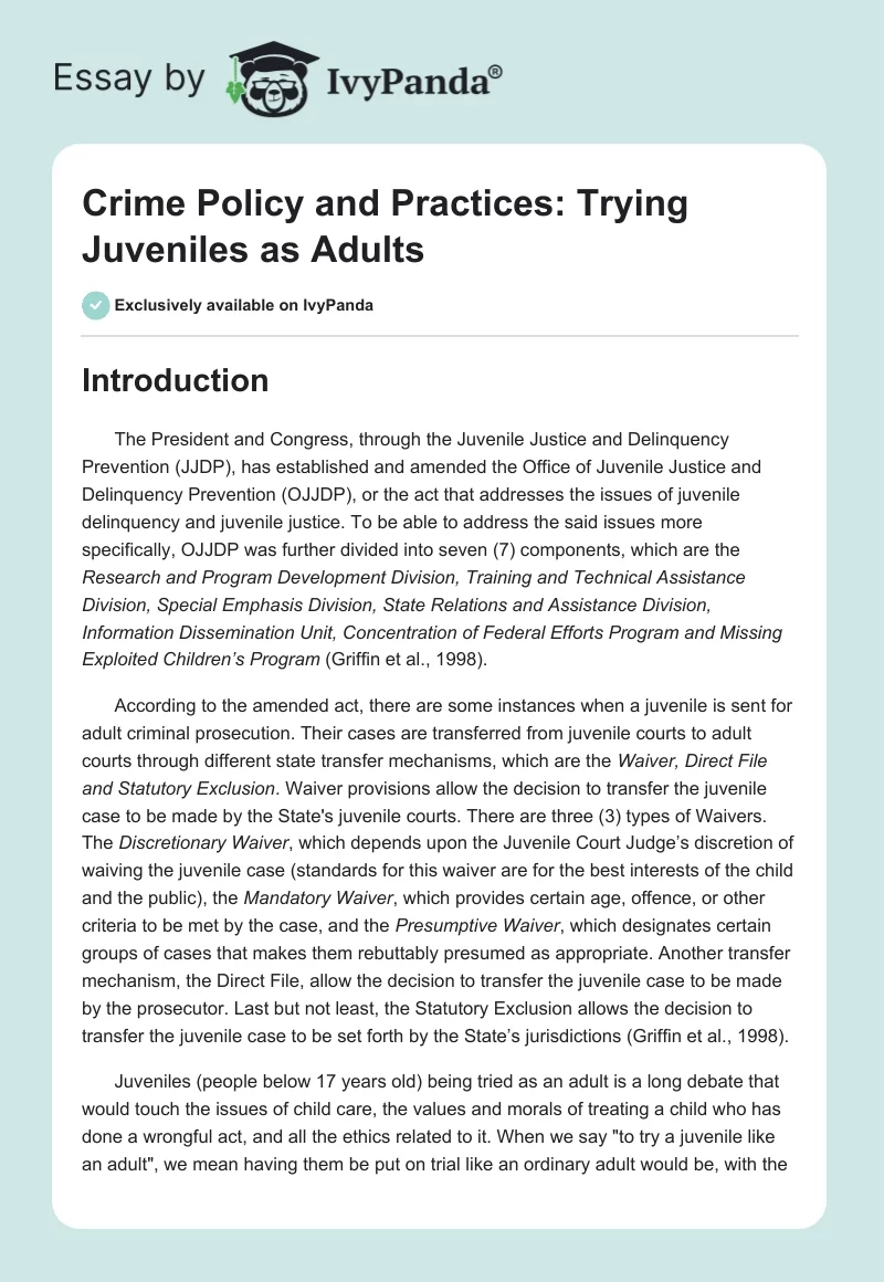 Crime Policy and Practices: Trying Juveniles as Adults. Page 1