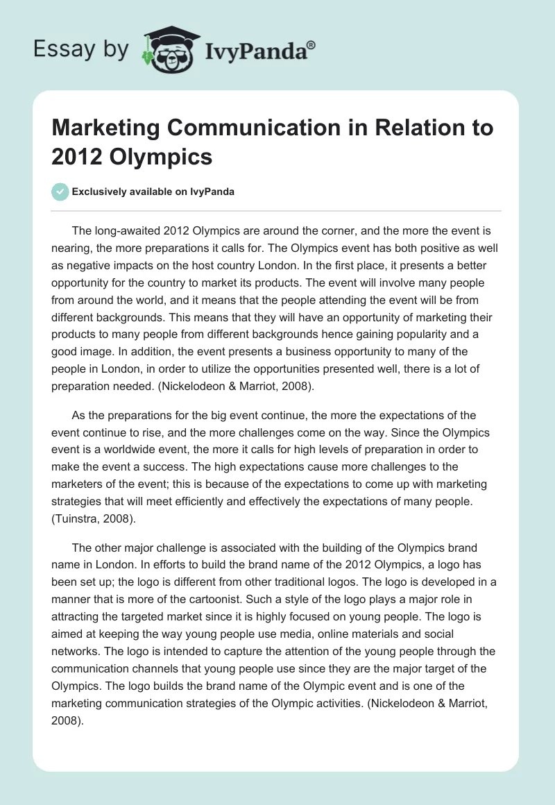 Marketing Communication in Relation to 2012 Olympics. Page 1