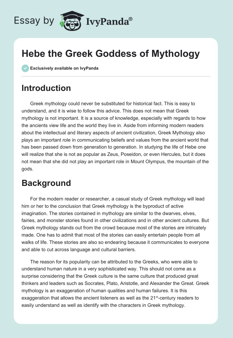 Hebe the Greek Goddess of Mythology. Page 1