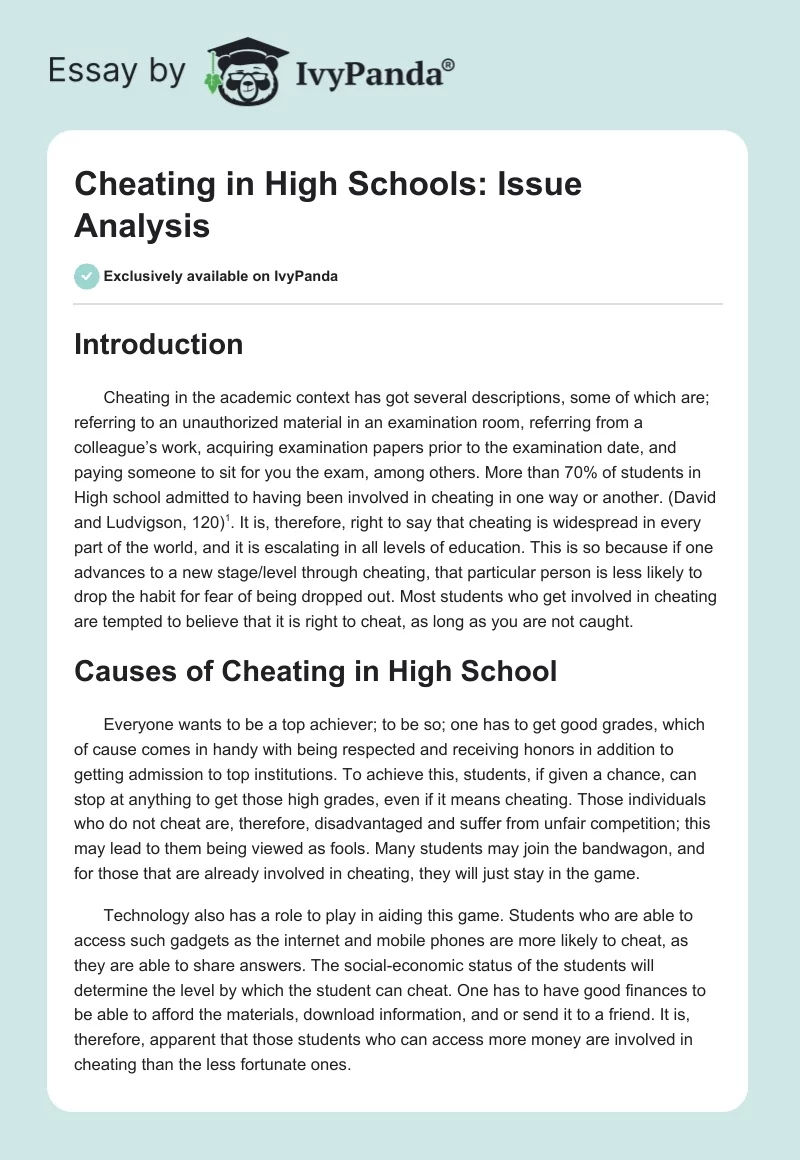 Cheating in High Schools: Issue Analysis. Page 1