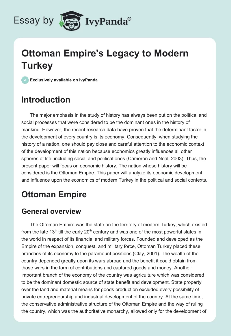Ottoman Empire's Legacy to Modern Turkey. Page 1
