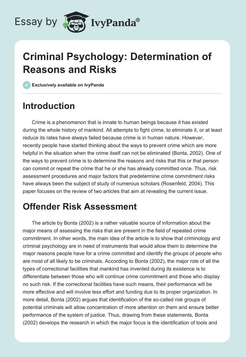 Criminal Psychology: Determination of Reasons and Risks. Page 1