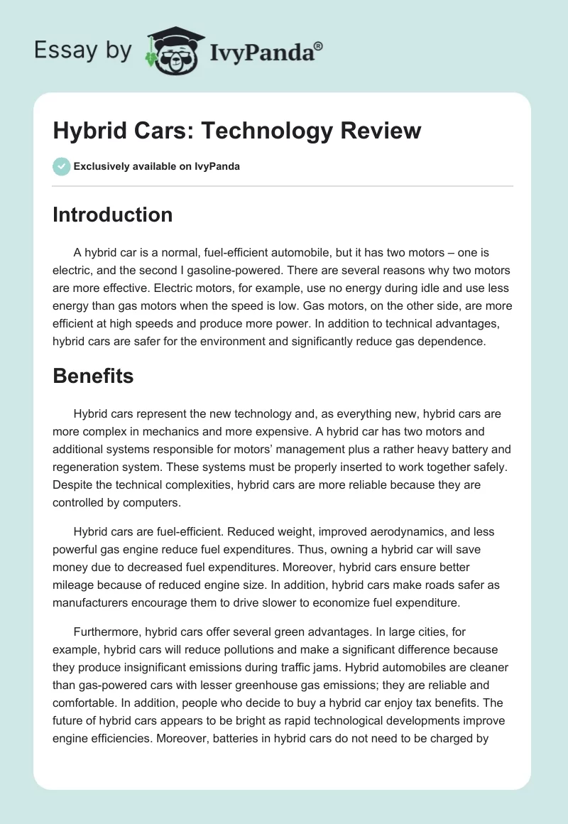 Hybrid Cars: Technology Review. Page 1