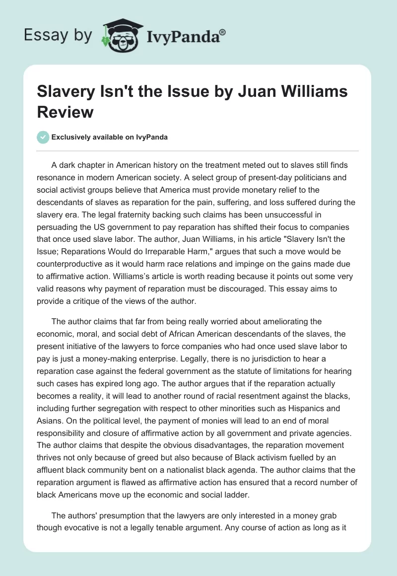 "Slavery Isn't the Issue" by Juan Williams Review. Page 1