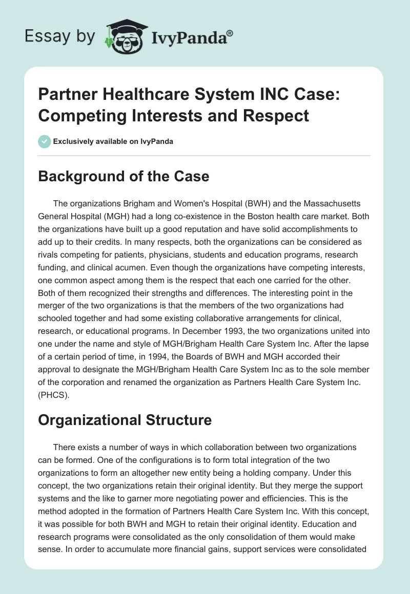 Partner Healthcare System INC Case: Competing Interests and Respect. Page 1
