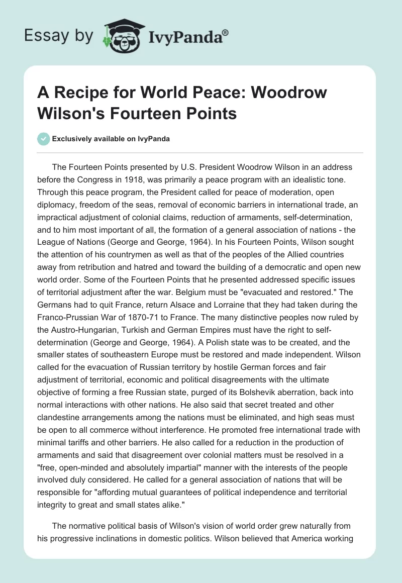 A Recipe for World Peace: Woodrow Wilson's Fourteen Points. Page 1