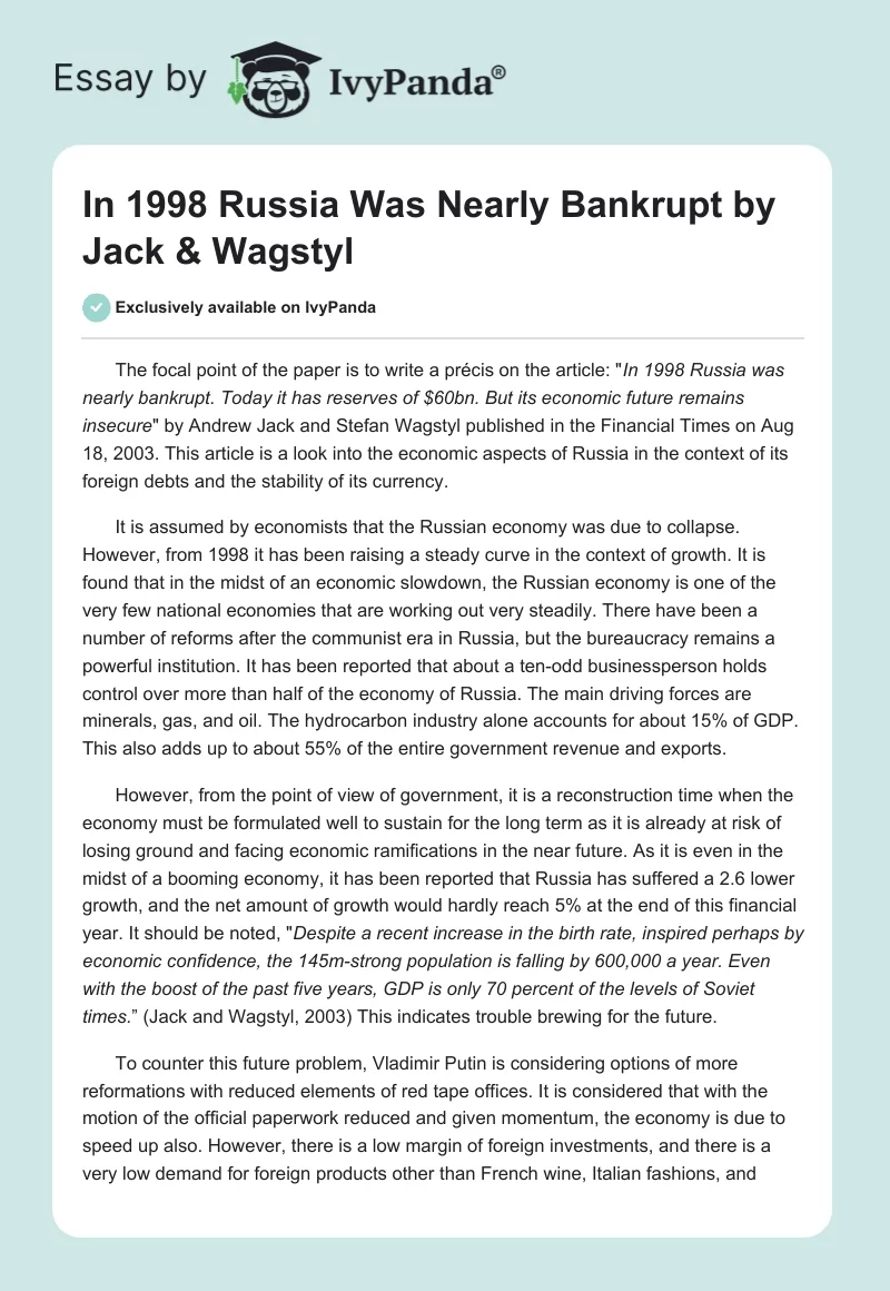 "In 1998 Russia Was Nearly Bankrupt" by Jack & Wagstyl. Page 1