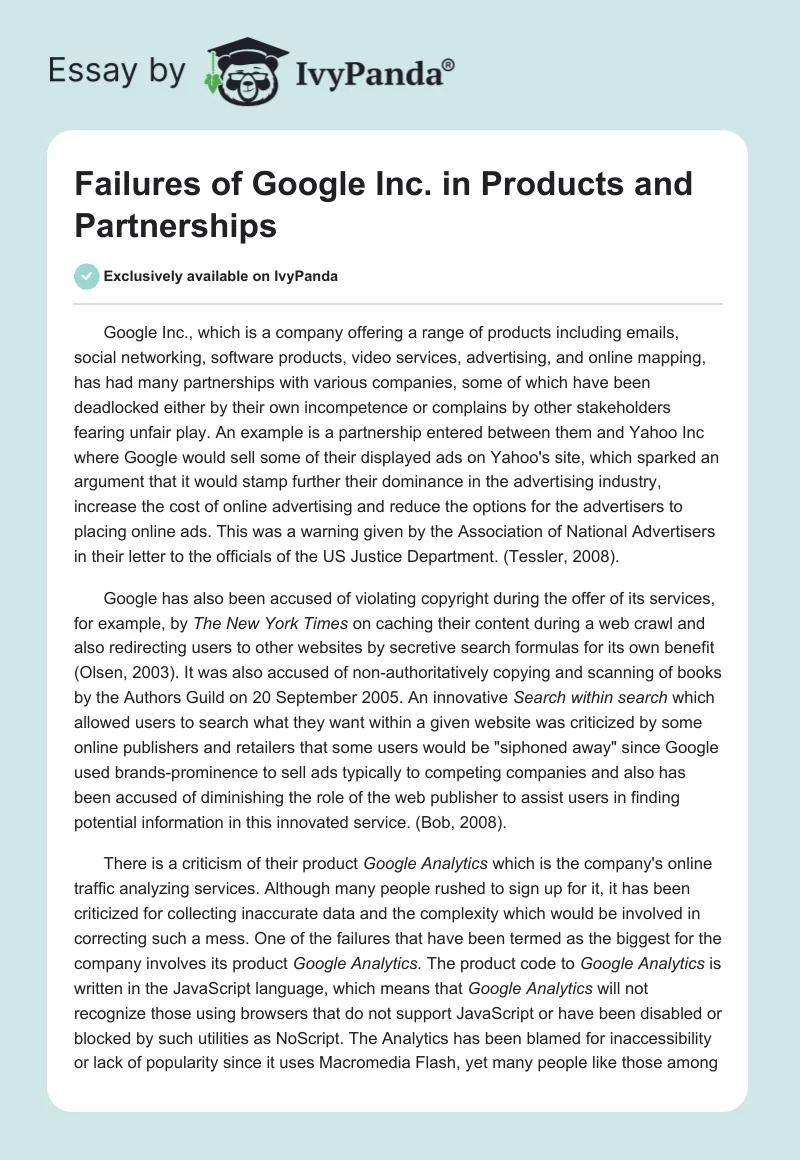 Failures of Google Inc. in Products and Partnerships. Page 1