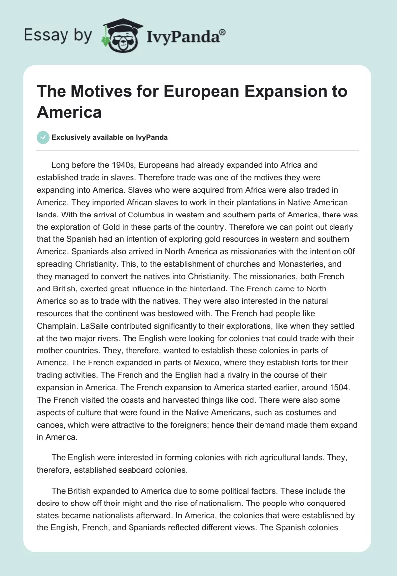 The Motives for European Expansion to America. Page 1