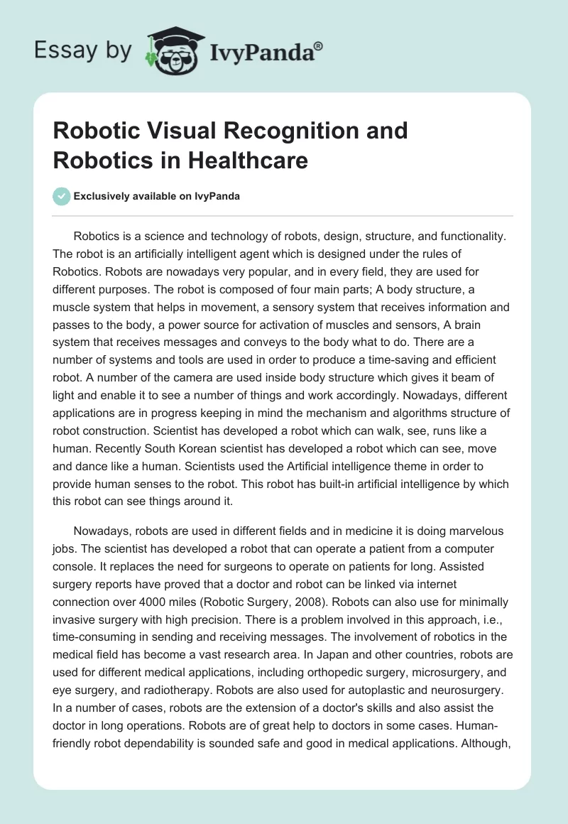 Robotic Visual Recognition and Robotics in Healthcare. Page 1