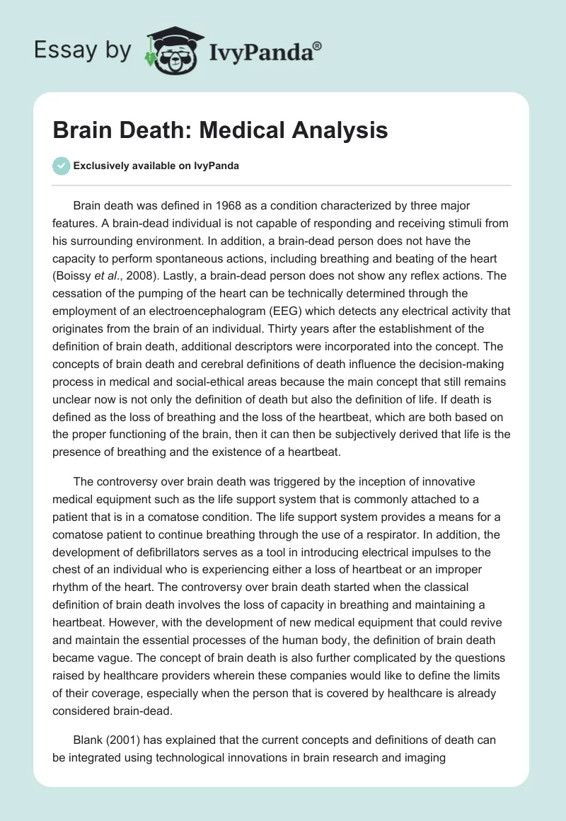 Brain Death: Medical Analysis - 1249 Words | Essay Example