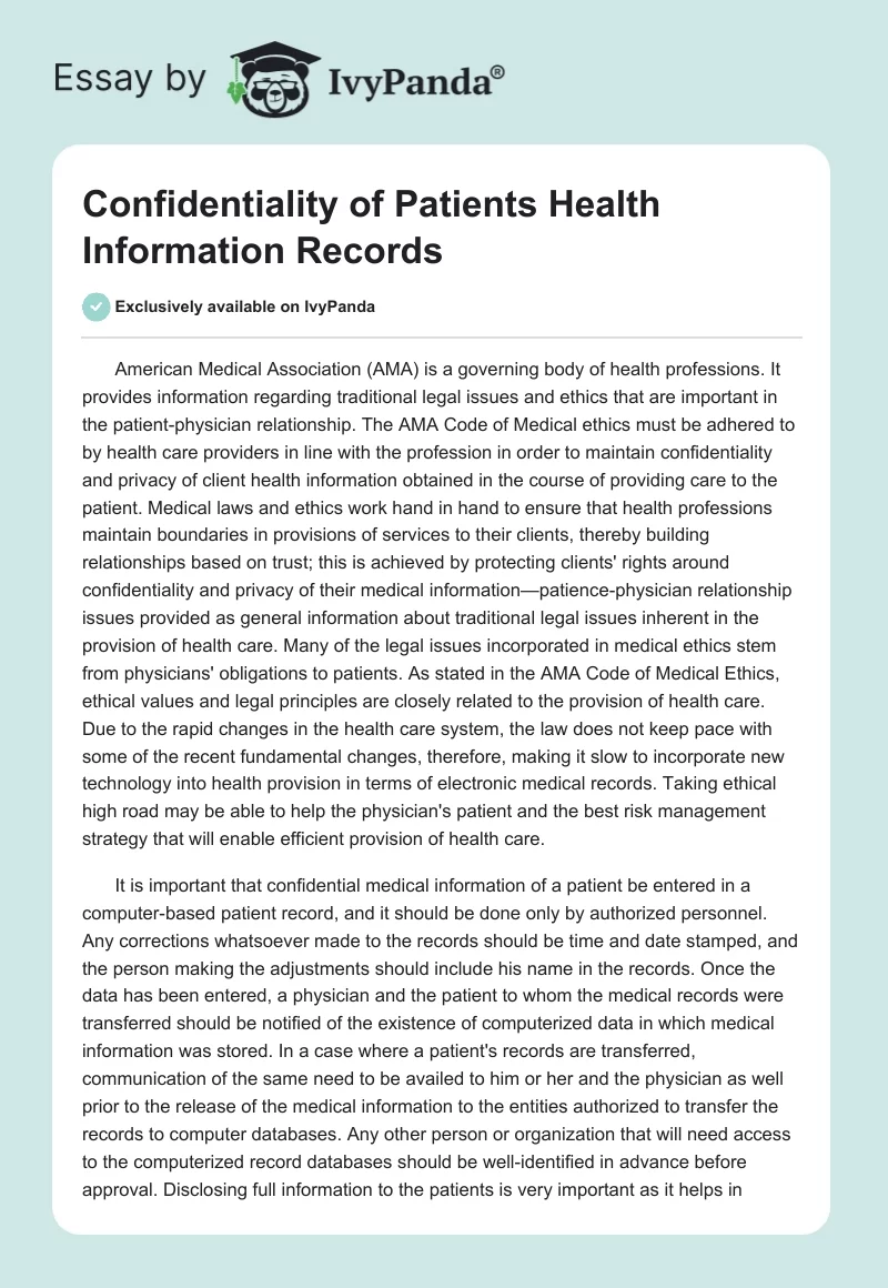 Confidentiality of Patients Health Information Records. Page 1