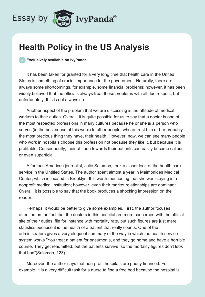 Health Policy in the US Analysis. Page 1