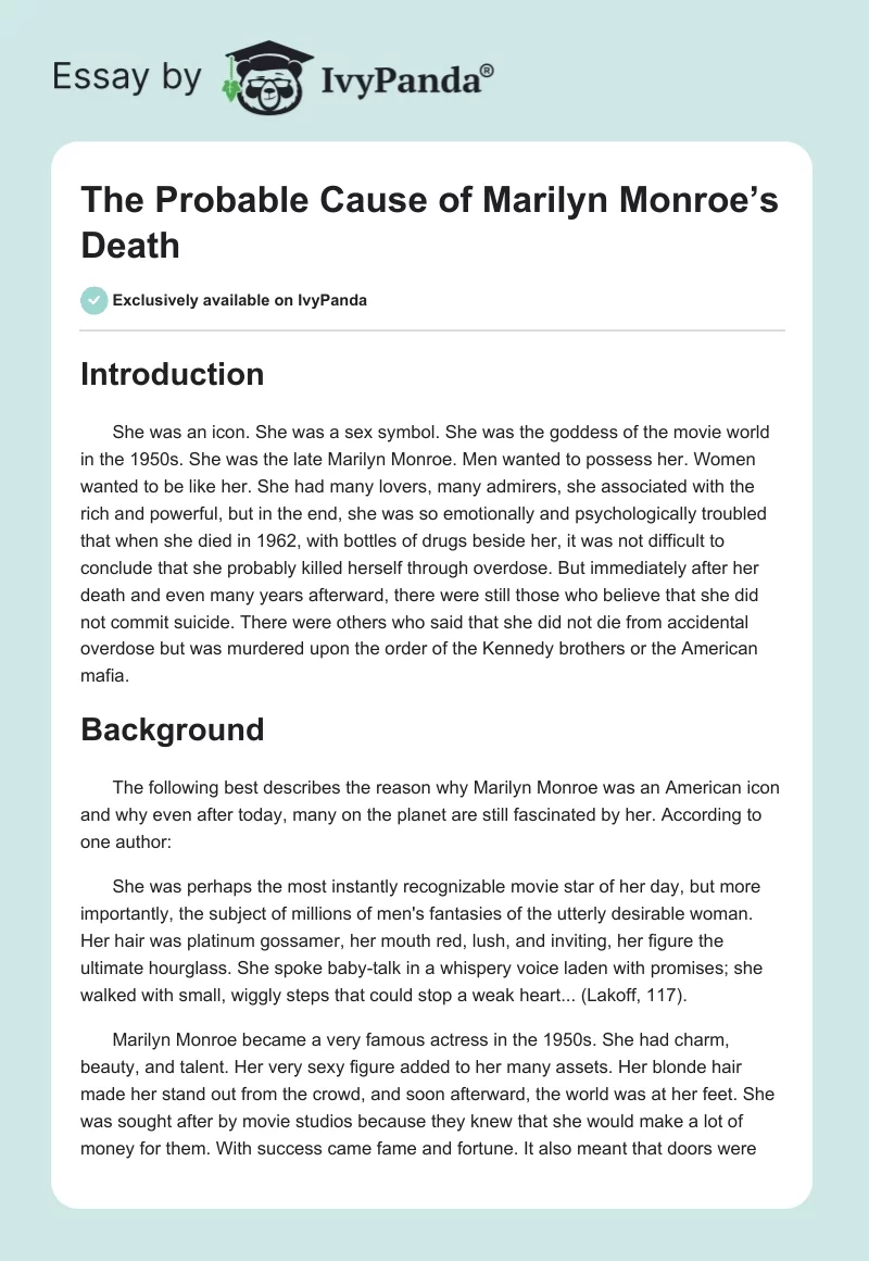The Probable Cause of Marilyn Monroe’s Death. Page 1