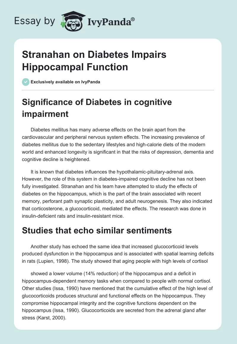 Stranahan on Diabetes Impairs Hippocampal Function. Page 1