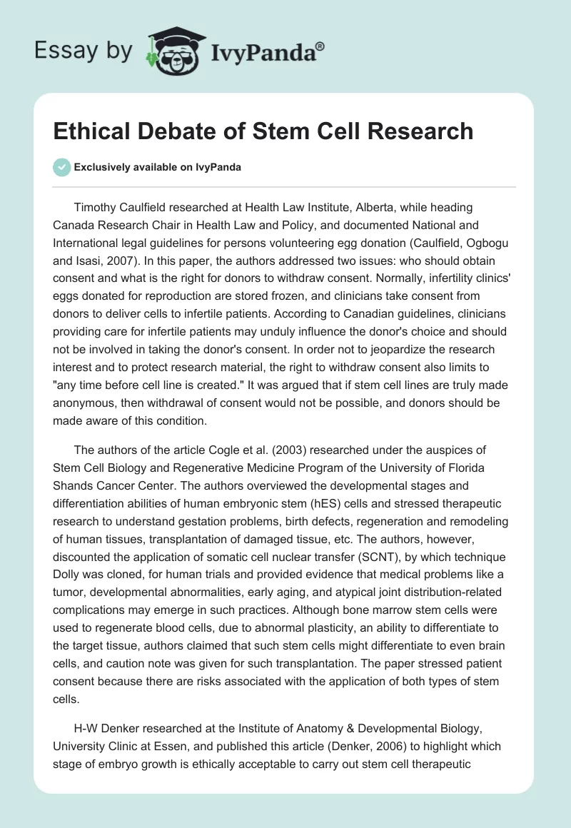 Ethical Debate of Stem Cell Research. Page 1
