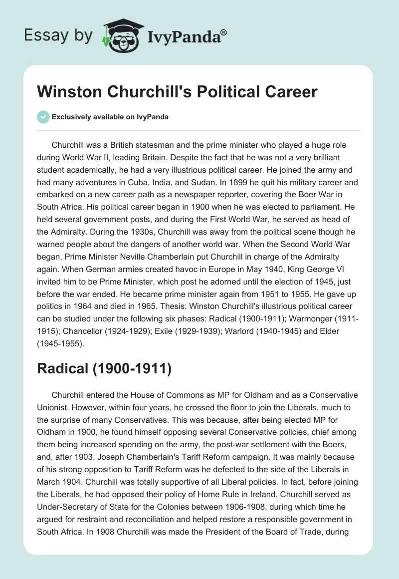 Winston Churchill's Political Career. Page 1
