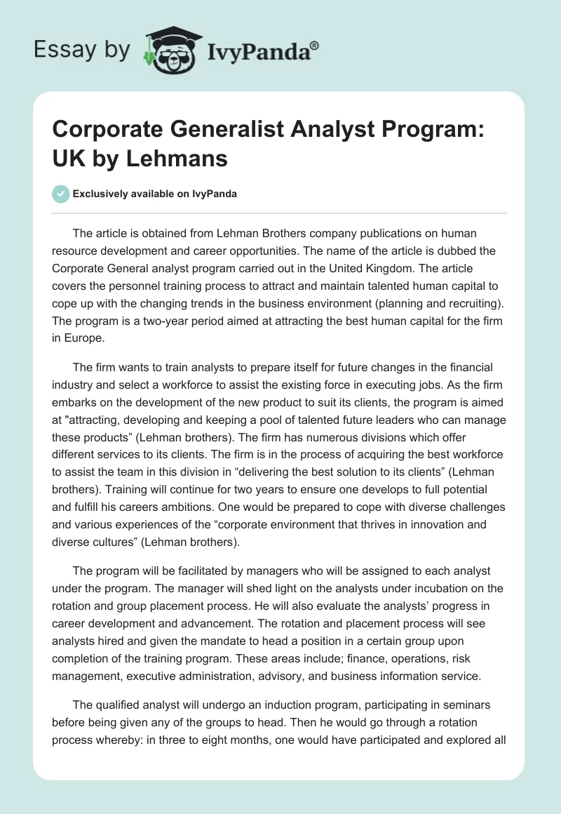 "Corporate Generalist Analyst Program: UK" by Lehmans. Page 1