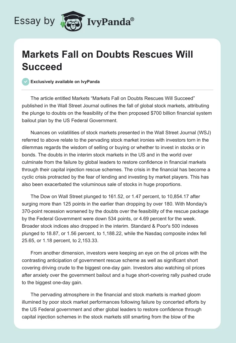 "Markets Fall on Doubts Rescues Will Succeed". Page 1