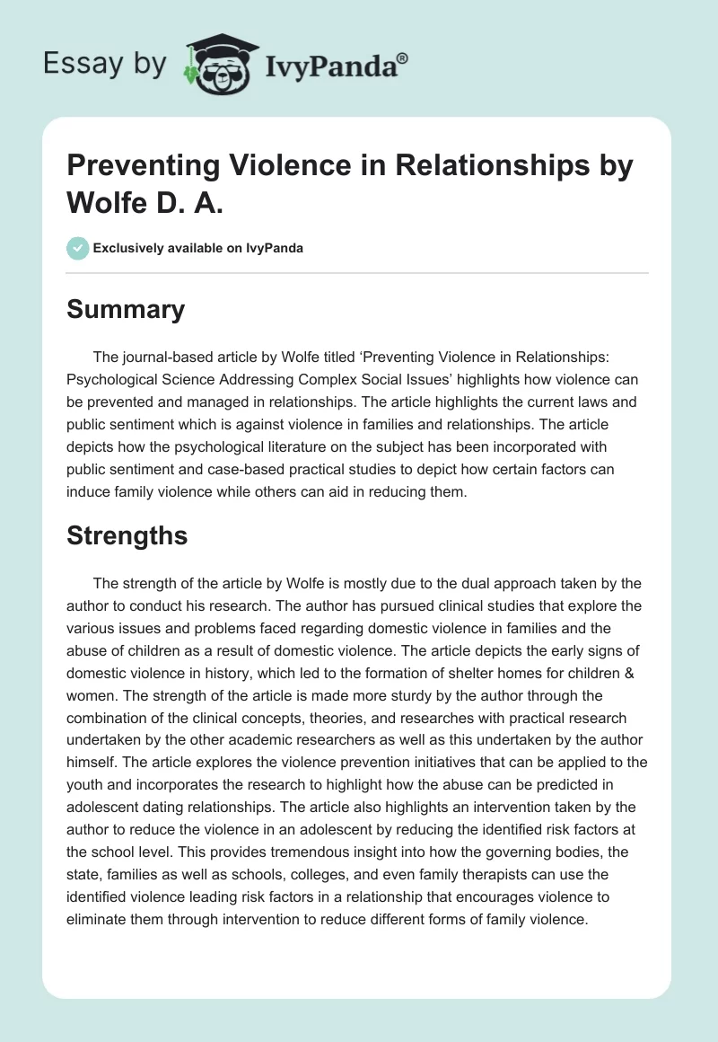 "Preventing Violence in Relationships" by Wolfe D. A.. Page 1
