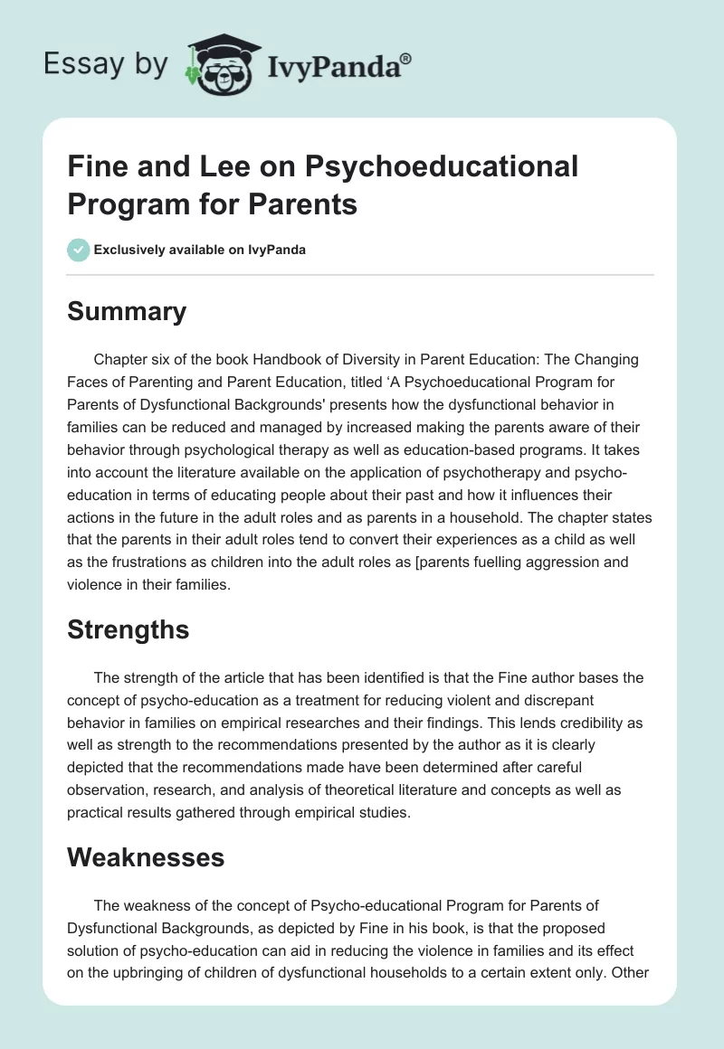 Fine and Lee on Psychoeducational Program for Parents. Page 1