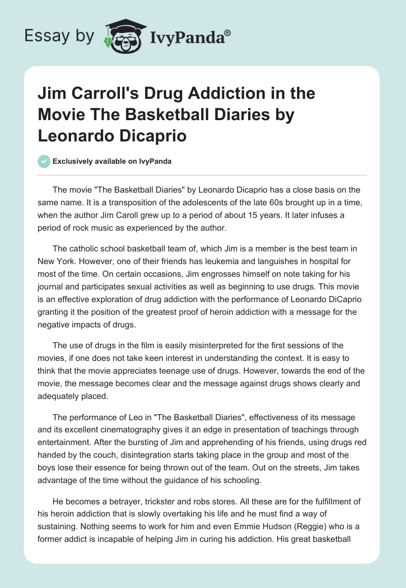 Jim Carroll's Drug Addiction in the Movie "The Basketball Diaries" by Leonardo Dicaprio. Page 1