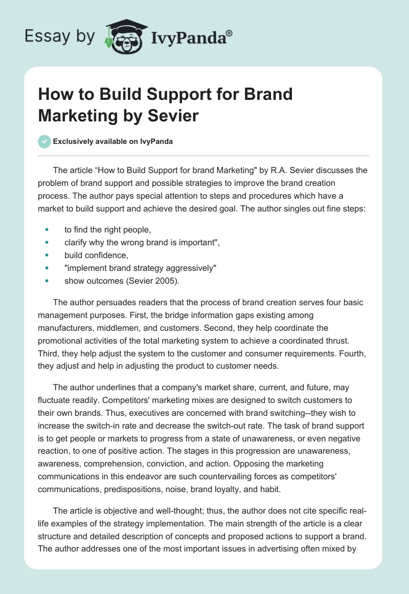 "How to Build Support for Brand Marketing" by Sevier. Page 1