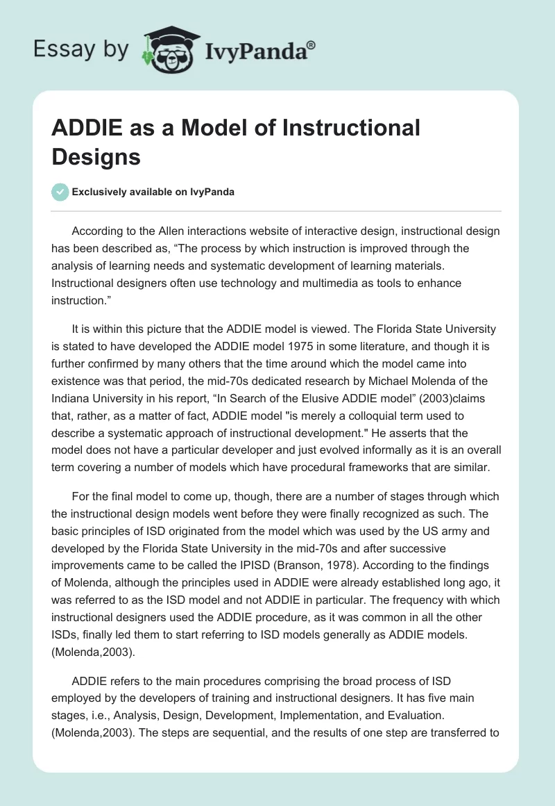 ADDIE as a Model of Instructional Designs. Page 1