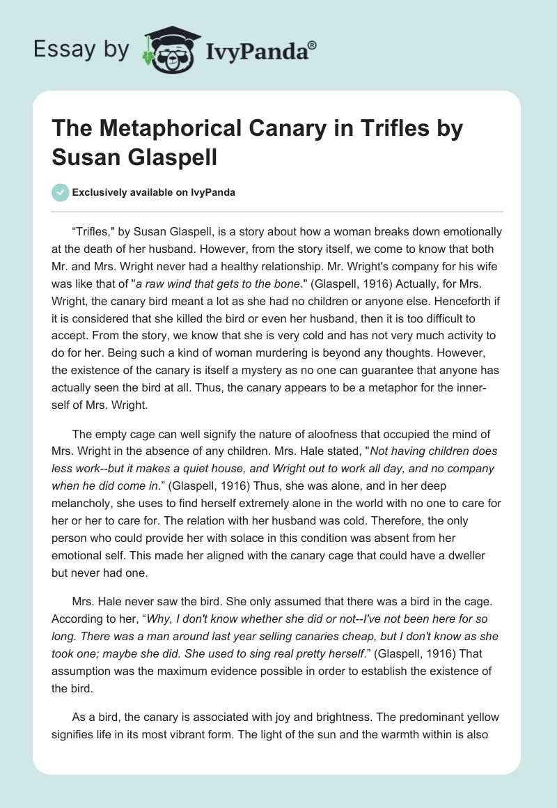The Metaphorical Canary in "Trifles" by Susan Glaspell. Page 1