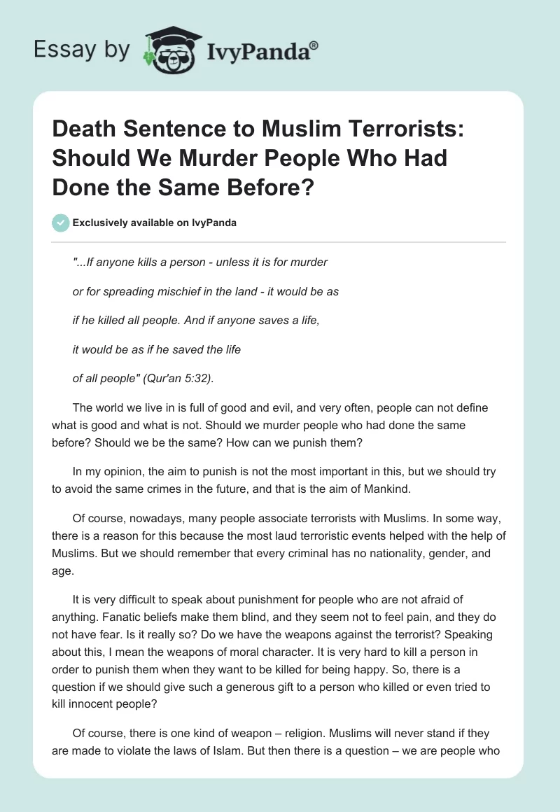 Death Sentence to Muslim Terrorists: Should We Murder People Who Had Done the Same Before?. Page 1