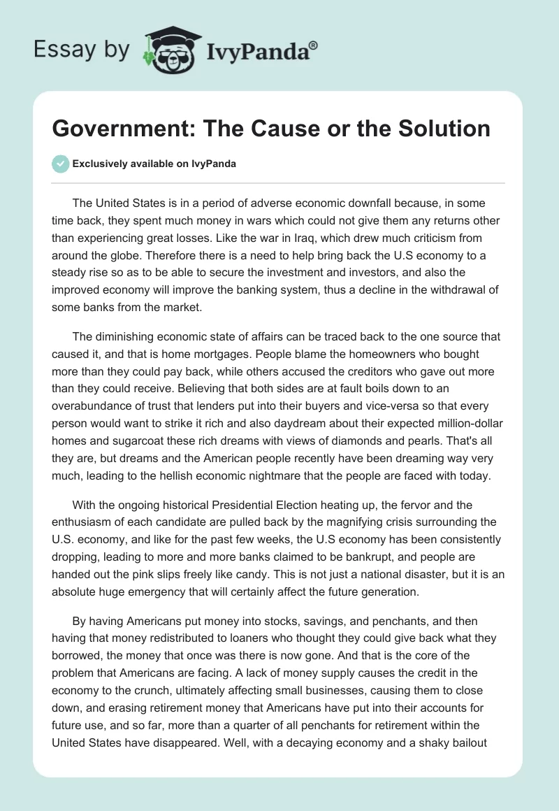 Government: The Cause or the Solution. Page 1