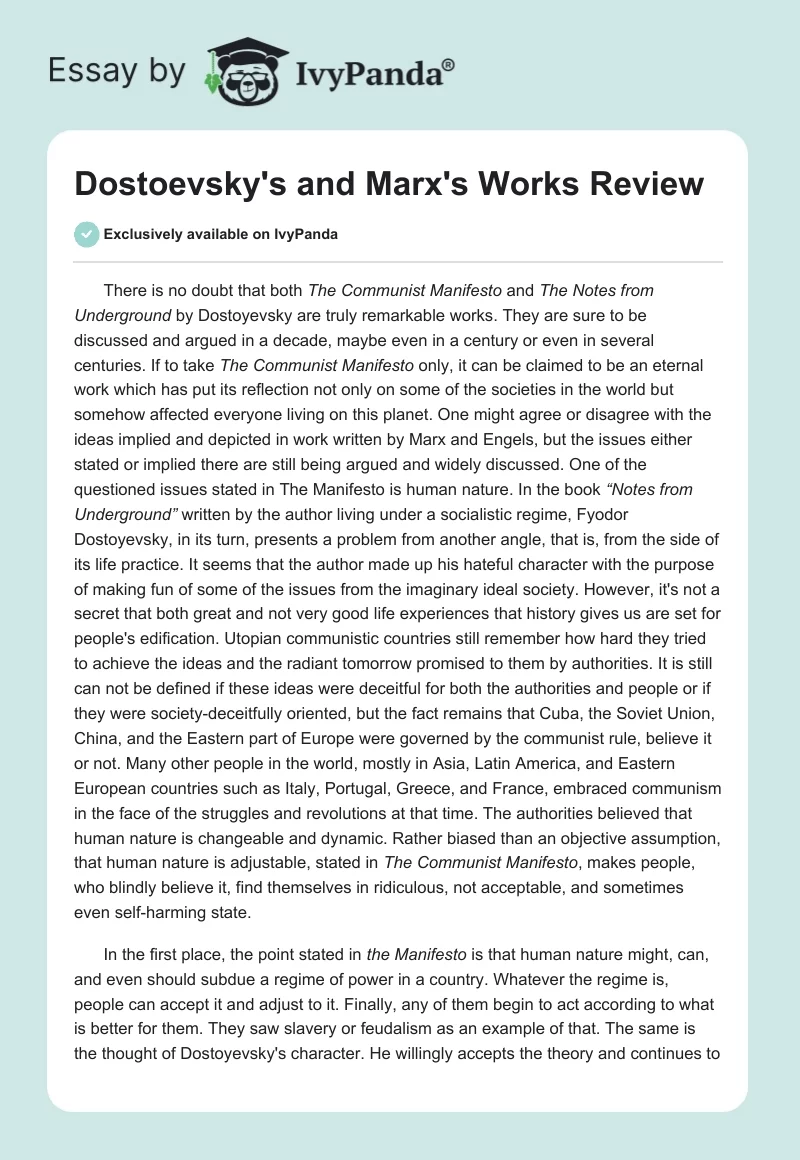 Dostoevsky's and Marx's Works Review. Page 1