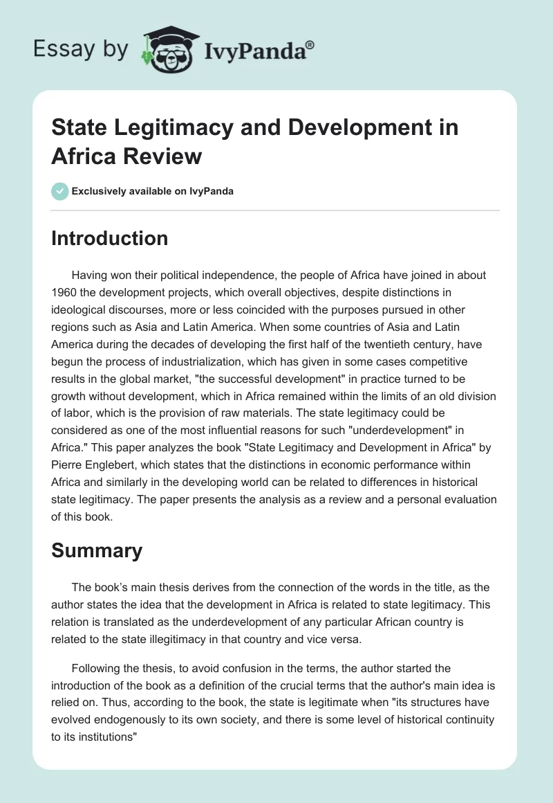 "State Legitimacy and Development in Africa" Review. Page 1