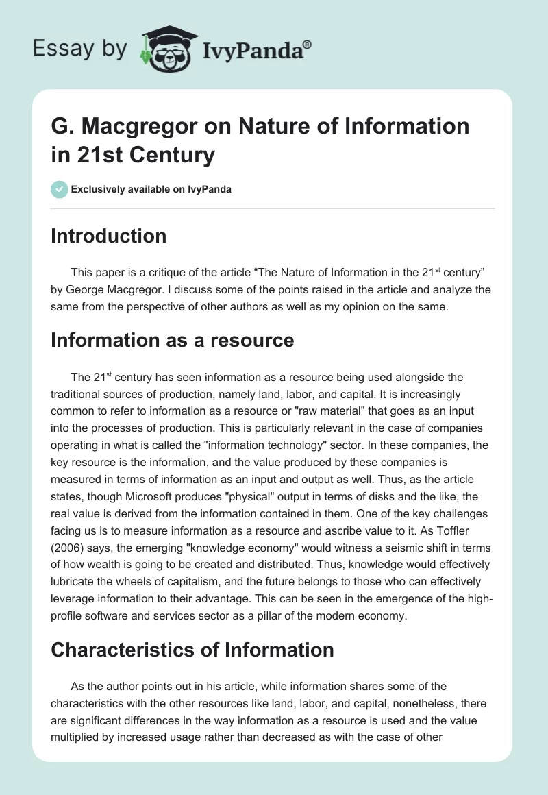 G. Macgregor on Nature of Information in 21st Century. Page 1