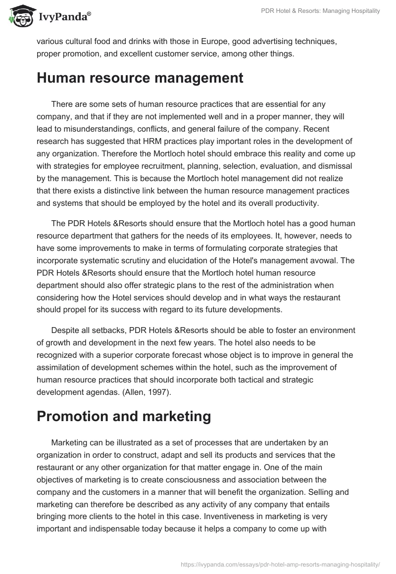 PDR Hotel & Resorts: Managing Hospitality. Page 3