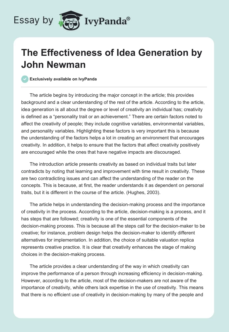 "The Effectiveness of Idea Generation" by John Newman. Page 1